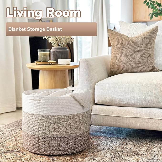 Goodpick Large Woven Basket, Blanket Basket Living Room 15.8"x15.8"x13.8", Woven Storage Bin for Baby Laundry, Light & Brown