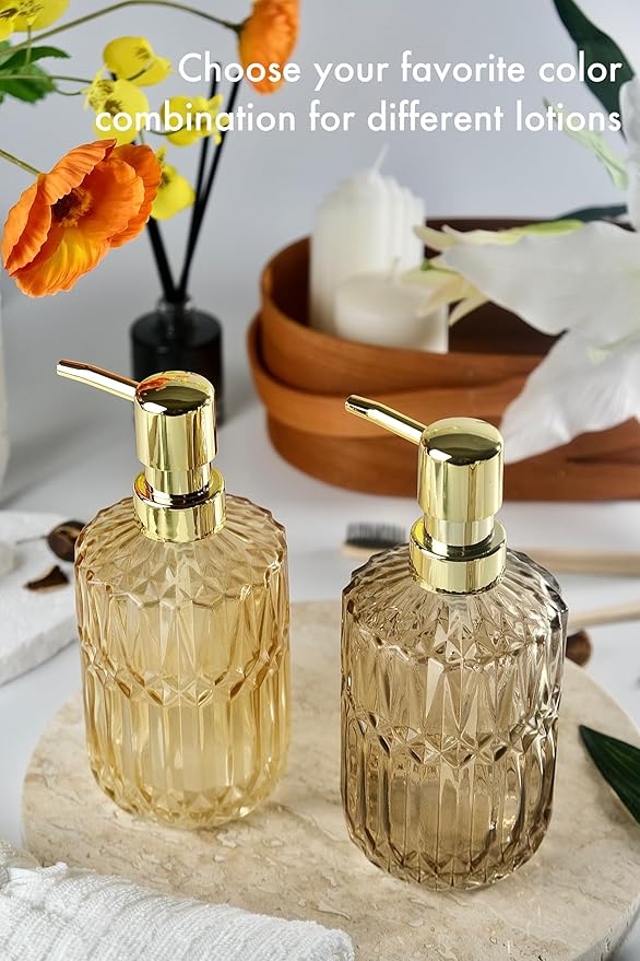 Brown Glass Soap Dispenser with Gold Rust Proof Pump, Refillable Thicken Glass Kitchen Soap Dispenser, Lotion Dispenser Bathroom for Dish Soap, Hands Soap, Body Wash, Bathroom Accessories