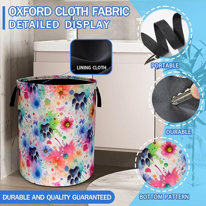 Colorful Dog Paw Prints Laundry Basket Oxford Cloth Pet Laundry Hamper With Handle Foldable Portable Clothes Storage Basket 18.9 X 16.5 Inch Storage Bag For Laundry Room/Bathroom/Bedroom/Dormitories