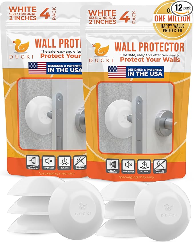 Ducki Door Stop Wall Protectors, 8 Pack White, Self Adhesive Reusable Solution for Stopping Wall Damage & Noise from Doors, Refrigerators, & in Your Home or Office, Durable Shock Absorbent & Discreet