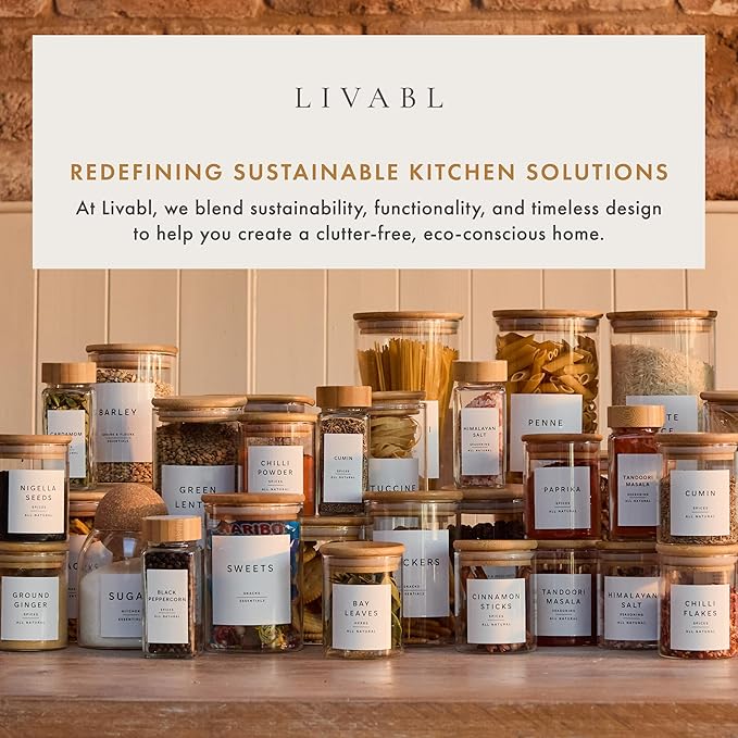 Livabl Set of 3 Glass Pantry Storage Containers with Lids- 12 Pantry Labels– (70oz) Glass Canisters with bamboo lids-Perfect Rice, Cereal, Flour, Pasta, Oats, food storage -Airtight-kitchen canisters