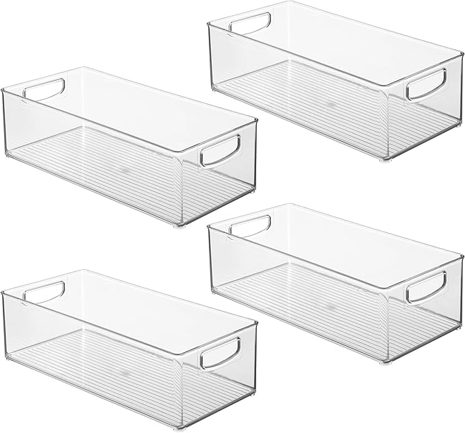 Plastic Stackable Pantry Bin - Organizer Bin with Handles for Cabinets or Fridge - Set of 4 - Clear