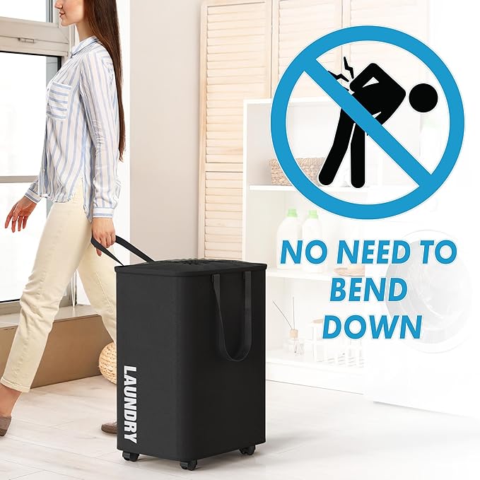 Simple Houseware Large 82L Laundry Basket with Wheels, Collapsible Waterproof Hamper with Handles and Mesh Cover, Black