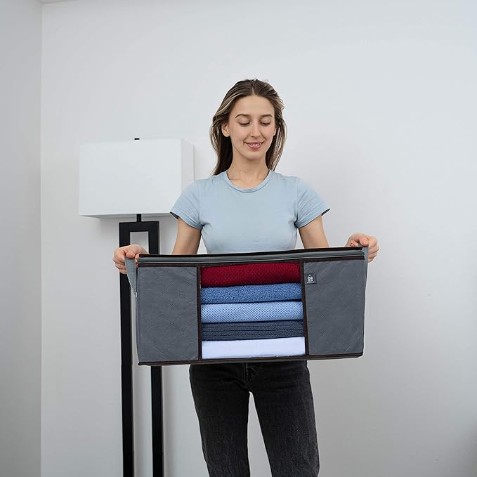 VENO 3 Pack Large Clothes Storage Bag Organizer with Reinforced Handle, Thick Container Bins for Blankets, Comforters, Bedding, Foldable with Sturdy Zipper, Clear Window, Grey, Reusable (13.3 Gallon)