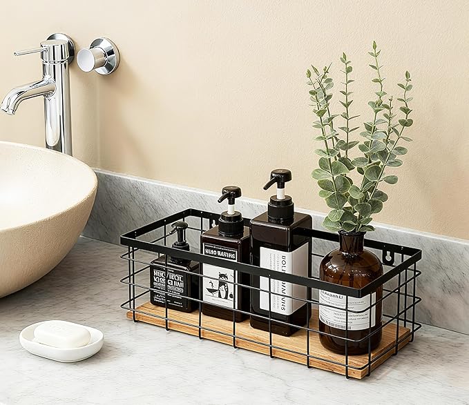 Metal Wire Basket Detachable Wood Base Storage Organizer Farmhouse Hanging Basket for Kitchen Cabinets, Bathroom, Pantry, Laundry Room,1 Pack in Black Color,Size Big