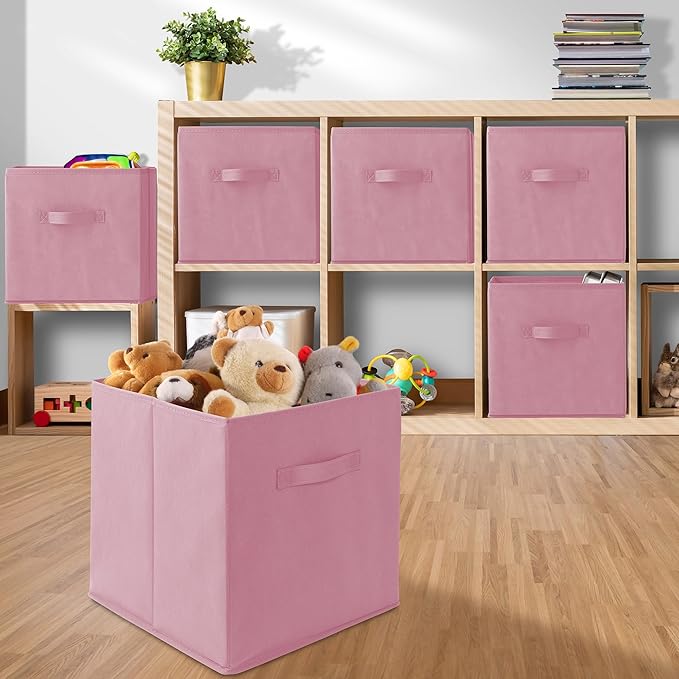 Casafield Set of 6 Collapsible Fabric Cube Storage Bins, Light Pink - 13" Foldable Cloth Baskets for Shelves, Cubby Organizers & More