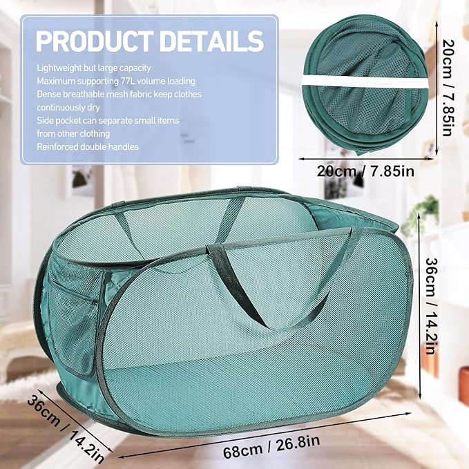 4PCS Mesh Laundry Hamper,Collapsible Laundry Baskets,75L Large Foldable Dirty Laundry Clothes Hamper Storage Basket Horizontal with Side Pocket&carry Handle for Home Travel, 2PCS Grey & 2PCS Emerald