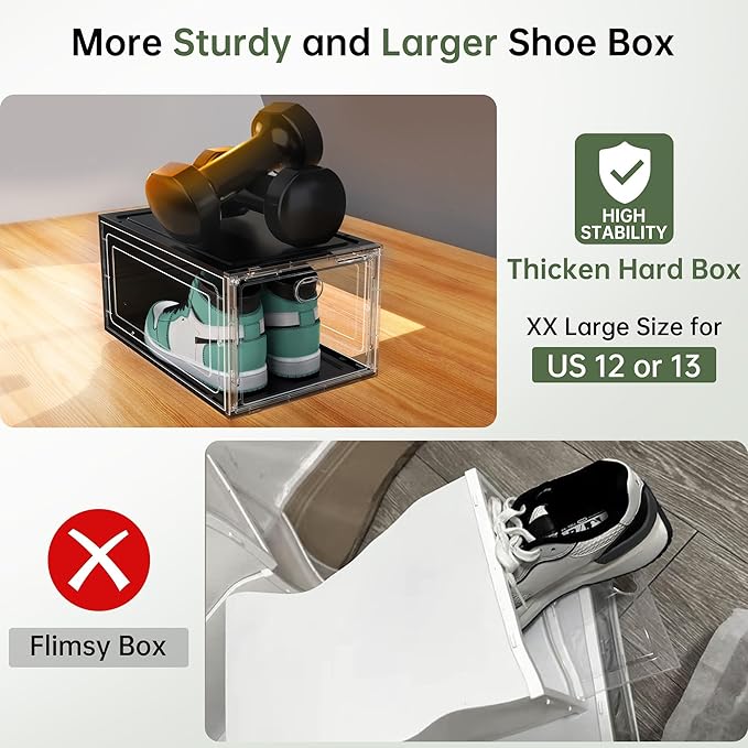 ALCCB Thicken Hard Clear Shoe Storage Organizer for Closet, 10 Pack Modular Plastic Stackable Shoe Storage Box Organizer, Shoe Sneaker Rack Display Case Containers Bins with Lids, Black Clear