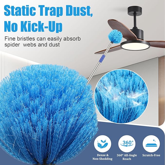 COCONUT Cobweb Duster with Pole,4-feet Ceiling Fan Duster Medium Stiff Bristles for Indoor Outdoor Garage