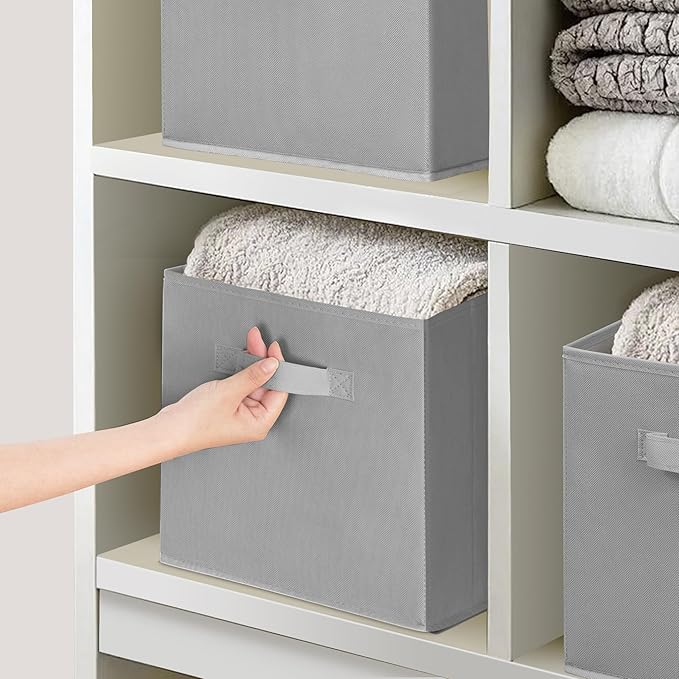 Easi 11 inch Cube Storage Bins, 4 Storage Cube Organizer, Collapsible Fabric storage cubes with Handles, Closet Storage Basket For Organization, Shelf Basket For Shelves Clothes Books, Gray