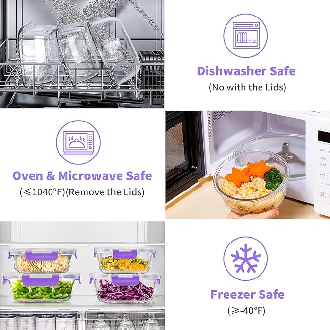 34pcs Glass Food Storage Containers with Lids Set, Airtight Glass Meal Prep Containers (17 Containers & 17 Lids), Leak Proof Lunch Container BPA-Free, Microwave, Oven, Freezer, Dishwasher Safe-Purple