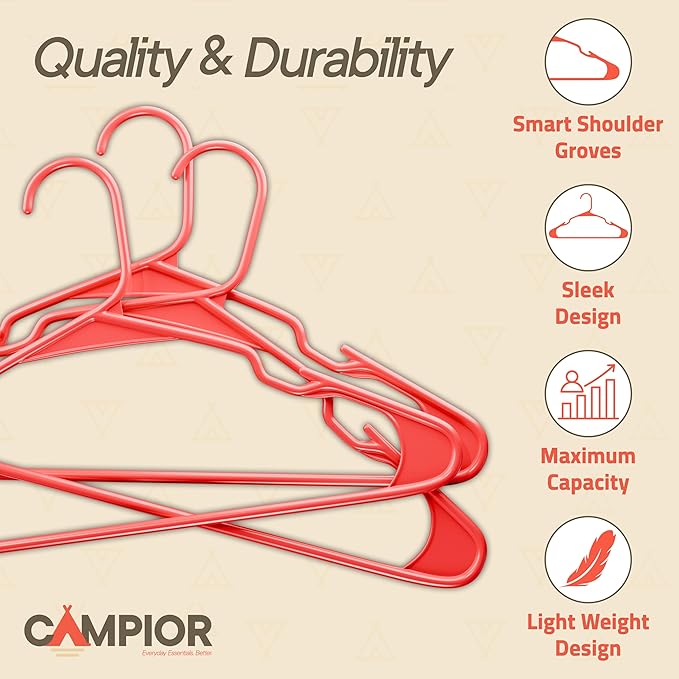 Plastic Clothes Hangers – Heavy Duty Hanger Set, for Organizing Clothes, Dresses, and Coat, Holds Up to 5 lbs, Space-Saving Hangers with Non-Slip Shoulder Grooves, Pack of 50, Red