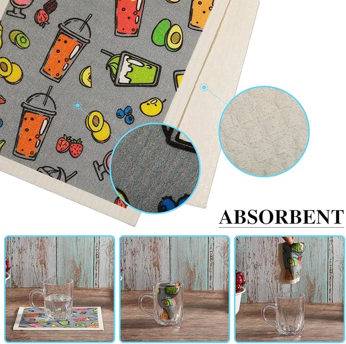18 Pcs Swedish Kitchen Dish Towels - Absorbent Dish Cloths, Quick Drying, Washable Cleaning Wipes, No Odor Hand Towel (Fruits)