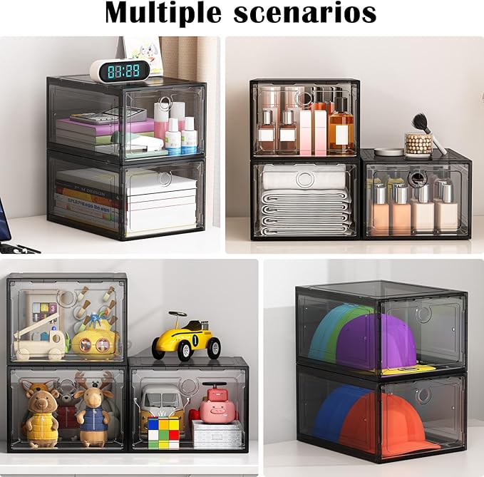 ARSTPEOE 6 Pack Upgrade Harder Shoe Organizer, Shoe Storage with Magnetic Front Door, Clear Shoe Boxes Foldable Space-Saving Shoe Rack for Sneaker Boot Container, Black