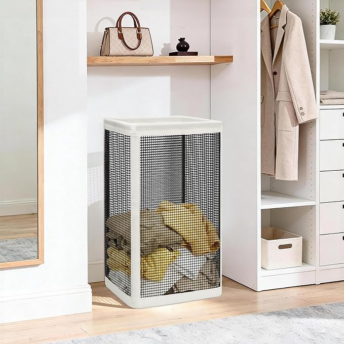 STORAGE MANIAC Mesh Laundry Hamper, 23.7 Gal. Tall Laundry Basket for Airflow, Strong Metal Dirty Clothes Hamper for College Dorm, Bedroom, Bathroom, Clothes Bin, White & Black