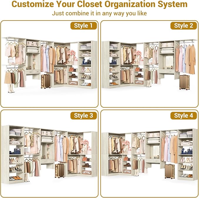 Unikito Closet System with Vanity Desk, 156”Modular Corner Closet Organizer System with Hanging Rods & Adjustable Shelves, Freestanding Wood Wardrobe Organizer, Sturdy Walk in Closet Tower, White Oak