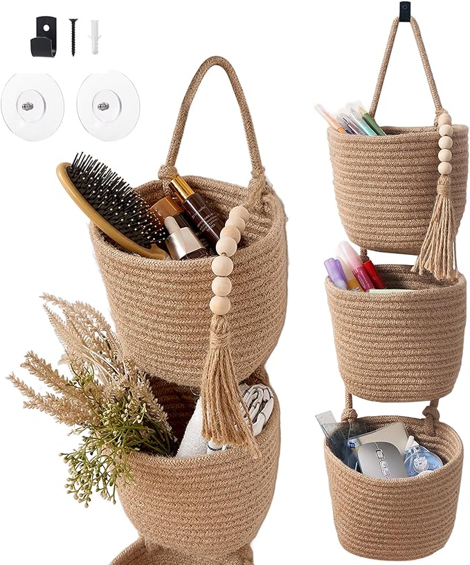 Fabric Wall Hanging Organizers - Small Woven Baskets Pouches Set Boho Style Wall Mounted Bag with Adhesive Hook, Storage Decoration Pocket Caddy for Closet Playroom RV Nursery (Linen & Black)