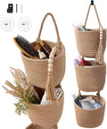 Fabric Wall Hanging Organizers - Small Woven Baskets Pouches Set Boho Style Wall Mounted Bag with Adhesive Hook, Storage Decoration Pocket Caddy for Closet Playroom RV Nursery (Linen & Black)