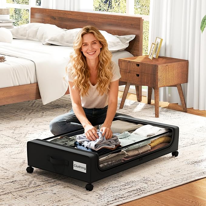 GoMaihe Under Bed Storage with Wheels: 48L Underbed Storage Containers with Clear Lids - Rolling Drawers & Bins for Shoes Clothes in Dorm Bedroom - Space-Saving Easy Pull-out Black 2-Pack