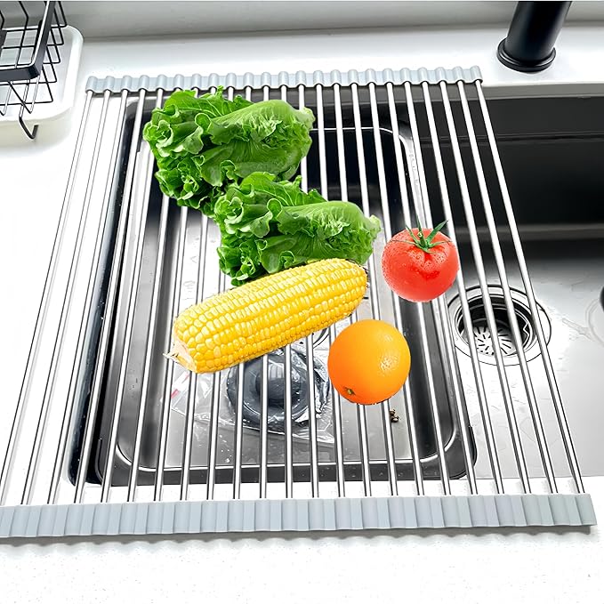 Roll Up Dish Drying Rack, 21.3" x 15.8" Over The Sink Dish Drying Rack, Kitchen Dish Rack Foldable Dish Drainer, Stainless Steel Dish Drying Rack for Kitchen Sink Counter Storage (Grey)