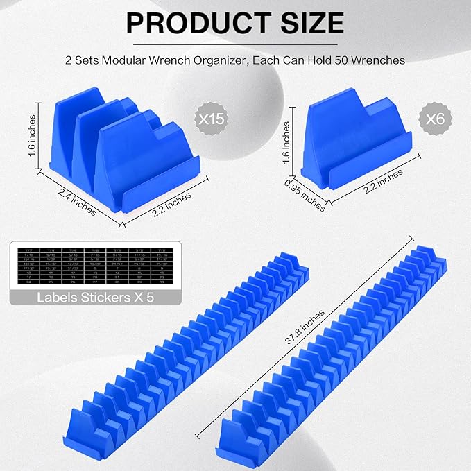 42 Pieces Modular Wrench Organizer Magnetic Wrench Holder Plastic Modular Tool Organizers with Label for Tool Drawer Storage (Blue, for 100 Wrenches)