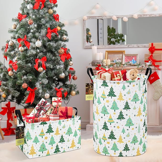 HUNRUNG Laundry Hamper,Large Canvas Fabric Lightweight Storage Basket Toy Organizer Dirty Clothes Collapsible Waterproof for College Dorms（Round-Green tree）