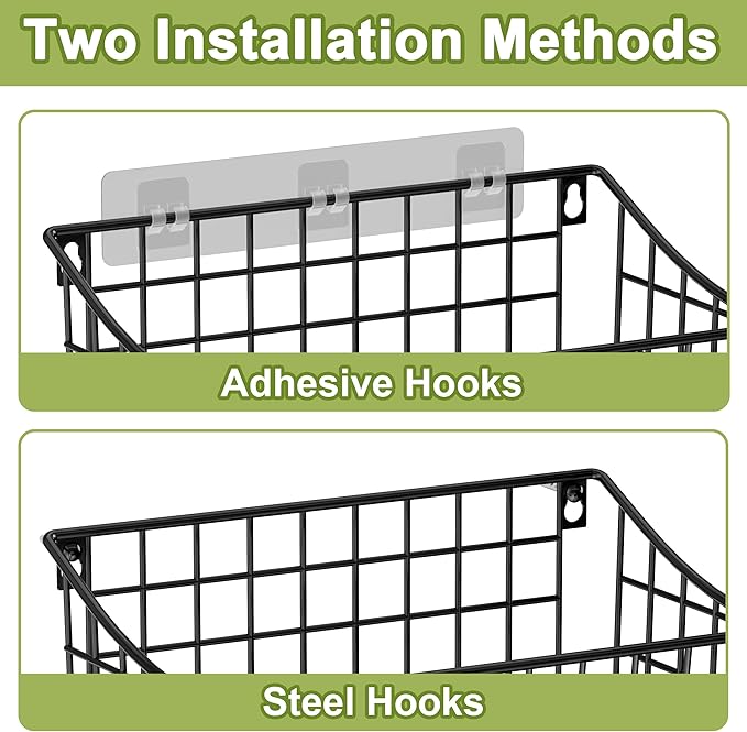 Wall Basket with Label Plate & 5 S-Hooks –4 Pack Hanging Wire Basket for Organizing, Wall Storage for Kitchen, Bathroom, Pantry, Laundry, RV – Hanging Wall Basket, Metal