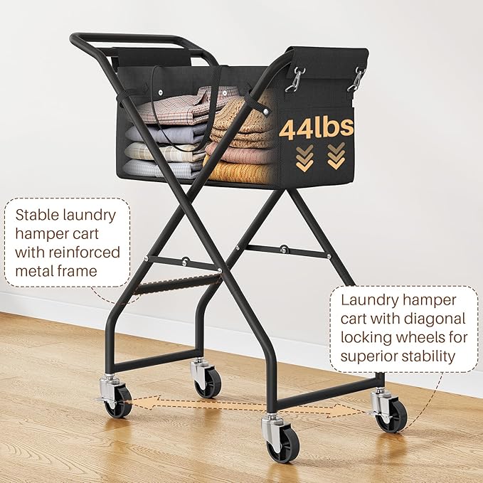No-Bend Laundry Cart- Rolling Hamper with Locking Wheels & Handle, Foldable Basket Screw-Free Assembly, Durable Metal Frame & Removable Liner Bag for Bedroom & Bathroom (Black)