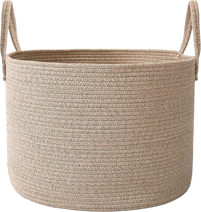 65L Extra Large Blanket Basket for Living Room - Woven Cotton Rope Laundry Hamper with Reinforced Handles - Storage Bin for Pillows, Comforters & Toys - Machine Washable,Oatmeal