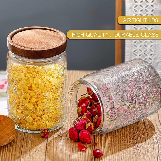 24 OZ Airtight Glass Storage Jar with Bamboo Lid - Vintage Glass Jar Vintage Food Containers Canisters Set for Kitchen Counter & Pantry - Ideal for Sugar, Flour, Coffee, Tea, Candy, Oats -6 Pack