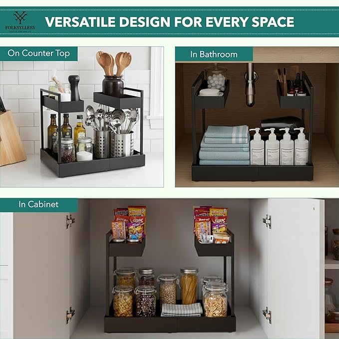 Expandable Under Sink Organizer, 2-Tier Height Adjustable Sliding Rack, Carbon Steel Frame with Ball-Bearing Slides, 12.8”–20.5” Width for Kitchen & Bathroom(Does Not Fit Cabinets with Middle Divider)