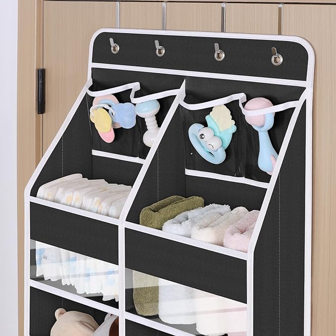 Univivi 5-Shelf Over Door Hanging Organizer Fabric Door Storage for Baby Nursery Nursery Closet Cabinet Wall Mount Hanging Storage Organizers with 8 Deep Pockets and 4 Small PVC Pockets(Black)