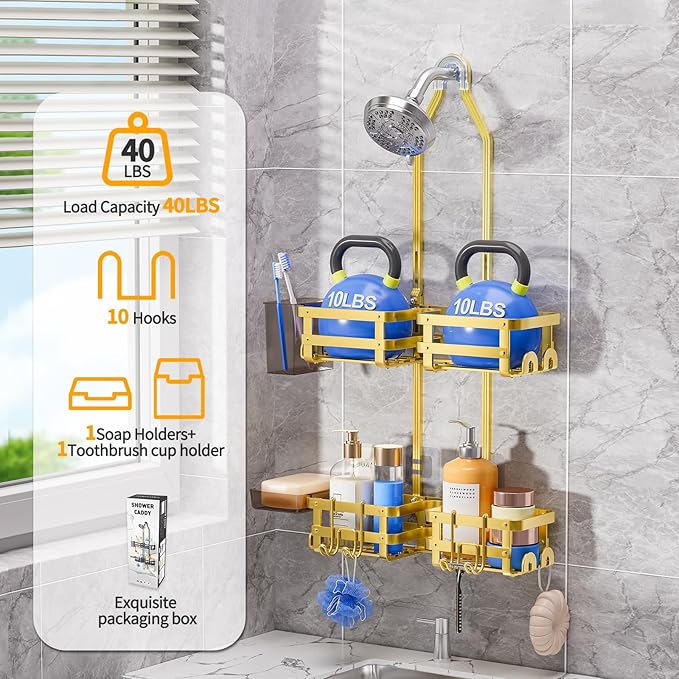 Aluminum Shower Caddy Hanging, Never Rust Shower Organizer- 4 Levels with adjustable Height 10 Hooks for Razor/Sponge - Rack with Soap Basket (Gold)
