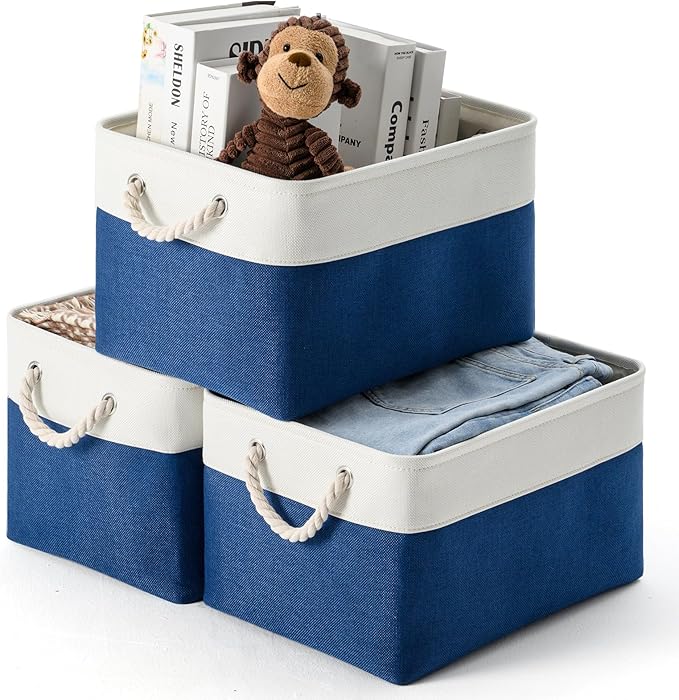 DUHEL Storage Bins 3 Pack, Fabric Storage Basket for Collapsible Medium Canvas Storage Baskets for Organizing Shelf Nursery Home Closet . (White&Blue-3PCS)
