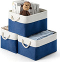 DUHEL Storage Bins 3 Pack, Fabric Storage Basket for Collapsible Medium Canvas Storage Baskets for Organizing Shelf Nursery Home Closet . (White&Blue-3PCS)