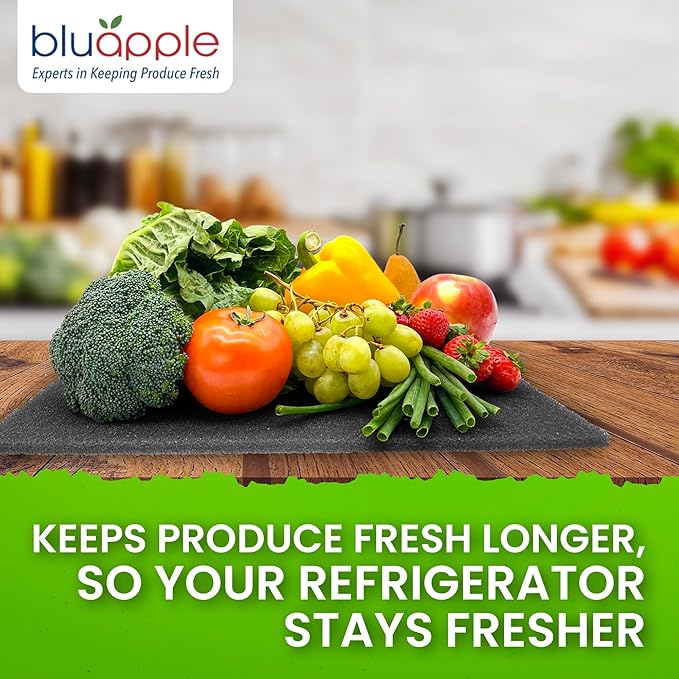 Bluapple FreshMats, Refrigerator Bin Liner, Fridge Drawer Mats, Crisper Life Extender Liner Keeps Produce Fresh Longer, Anti-Bruising, Helps Air Circulation, Washable & Reusable (4-Mats, 12x15, Gray)