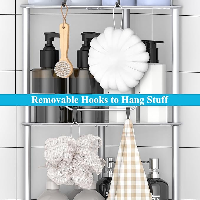 5 Tier Floor Standing Corner Shower Caddy Organizer Shelf with Hooks, Bathroom Shelves Stand Rack, Silver