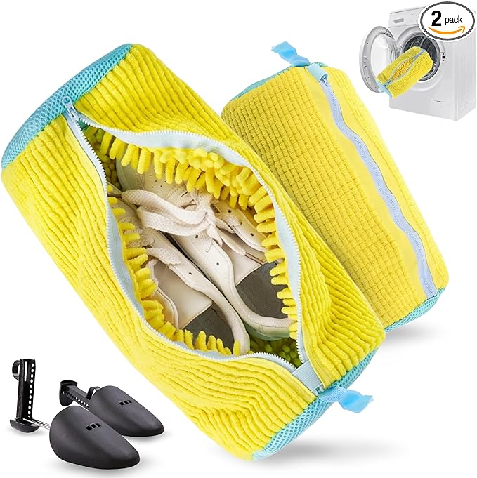 Shoe Washing Machine Bag for Washer & Dryer - 2 Pack Laundry Shoe Bag for Washing Machine - Sneaker Washing Machine Bag with Zipper - Reusable Shoe Laundry Bag for Tennis Shoes & Trainers - Yellow