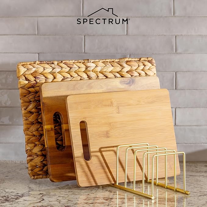 Spectrum Euro Kitchen Organizer Metal Dish Rack Cutting Board Holder Stand for Countertop or Inside Cabinet Organization, 8 Slot Cutting Board Plate Drying Rack for Bakeware Storage, Gold