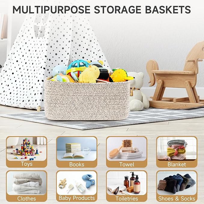 3-Pack Storage Baskets for Organizing | Woven Shelf Toy Basket | Rope Baskets for Gifts Empty | Closet Organizer Bins with Handles | Cube Decorative Box | 13.7×7.1×6.7” | Mixed brown