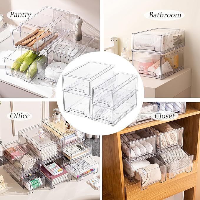 2 Pack Stackable Storage Drawers, Plastic Clear Organizer Bins with Handles for Undersink, Kitchen Cabinet, Fridge, Closet, Pantry, Office, Bathroom