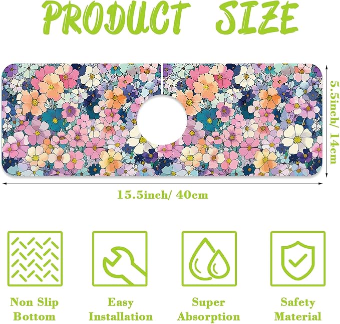 Sink Faucet Absorbing Mat Cute Flowers Sink Splash Guard Drying Mat for Kitchen Bathroom Faucet Sinkmat 15.5"X5.5"