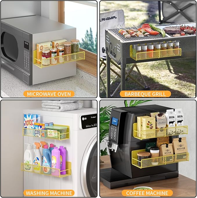 Magnetic Spice Rack for Refrigerator, 4 Pack 100% Metal Strong Magnet Fridge Shelves, Space Saving Spice Organizer, No Drilling Moveable Home Kitchen Laundry Room Storage Organization, Yellow