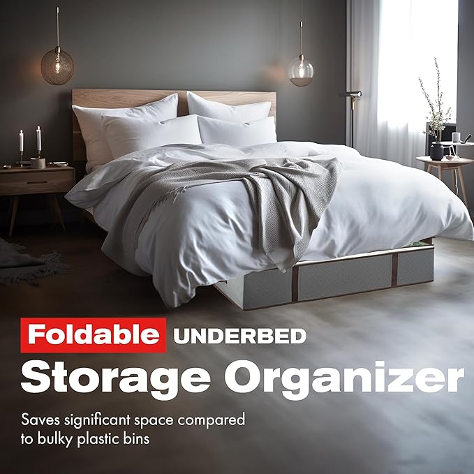Underbed Storage Bags 4-Pack - Foldable Under Bed Storage Organizer for Clothes, Bedroom Blankets, Comforter, Pillows, Linen Sheets, Towels, Sweaters, Shoe Drawers - Ideal for College Dorms (Grey)