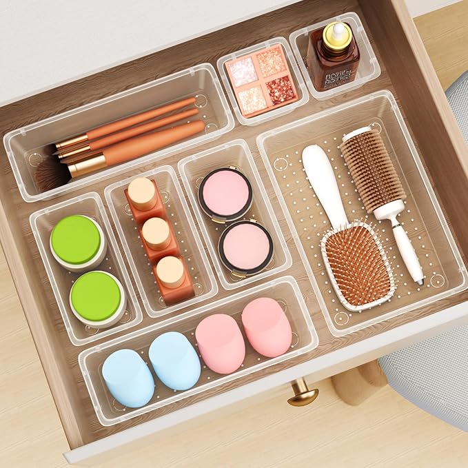 36 PCS Drawer Organizer Set, 4 Sizes Tool Storage Trays, Clear Plastic Makeup Vanity Organizer and Storage Bins for Makeup, Stationeries, Multiple Gadgets for Bathroom, Office, Bedroom