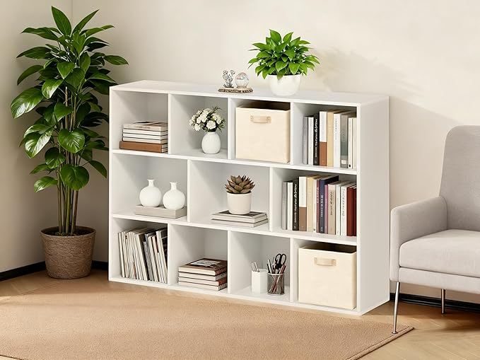 Whitmor 11 Cube Storage Organizer, 4 Tier Stackable Bookcase, Open Storage Display Bookshelf, Storage Cabinet for Living Room, Bedroom, Home, Office, 29.1" L x 9.4" W x 41.7" H, White