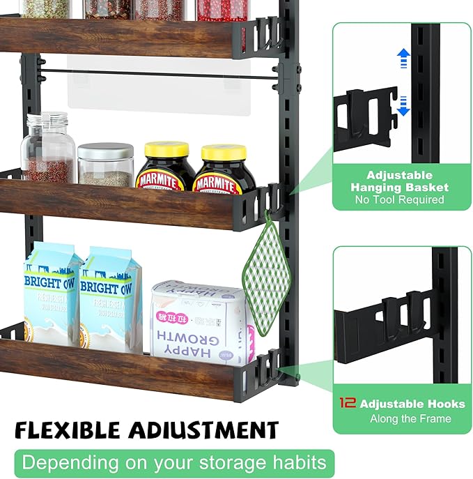Jolitac Over The Door Pantry Organizer, 6-Tier Adjustable Solid Wood Rack Over-Door & Wall Storage Organizer with 8 Boards (2 Extra) Multi-Space Kitchen,Bathroom Reinforced Frame for Durable Use