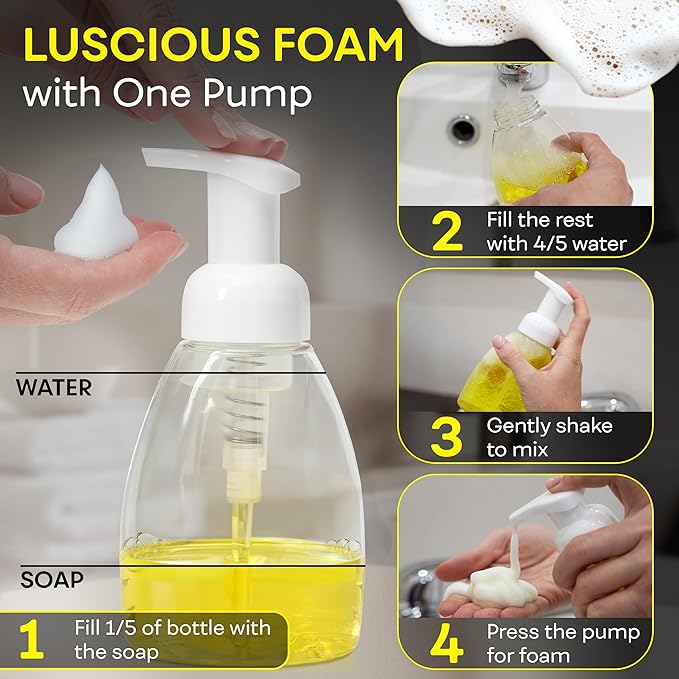 BRIGHTFROM Foaming Soap Dispenser Pump Bottles, BPA Free Empty Refillable Plastic Container for Liquid Soap - Kitchen, Bathroom, Commercial - 8oz (250ml) Pack of 2 Clear