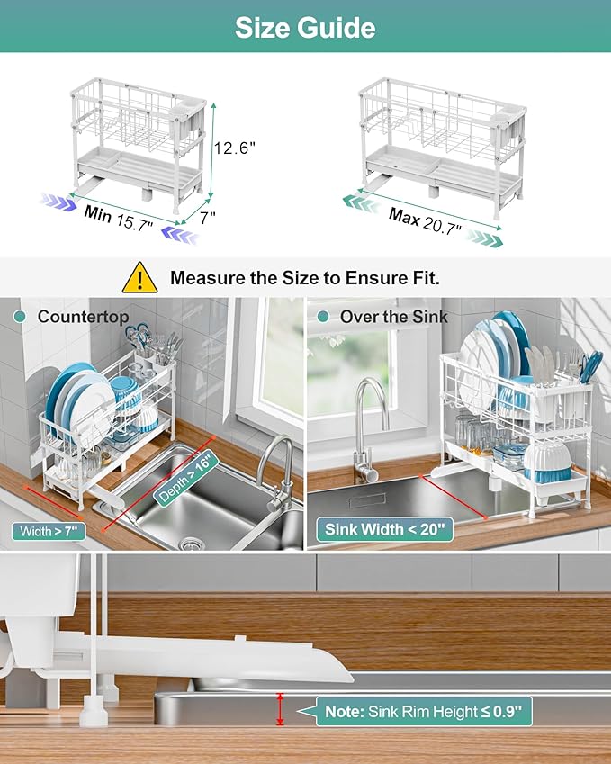 GSlife Narrow Dish Drying Rack - Expandable Small Dish Rack for Kitchen Counter, 2 Tier Adjustable Capacity (15.7''-20.7''L) Dish Drainer Rack with Removable Cutlery Holder, White