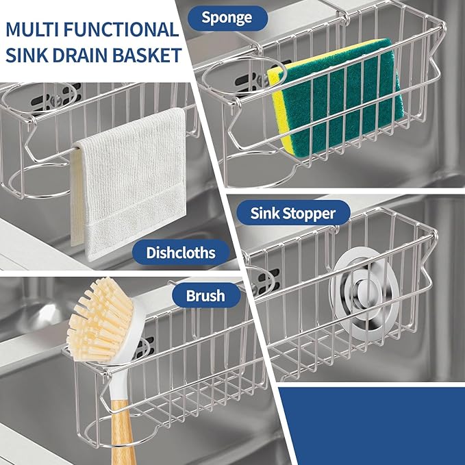 3-in-1 Sponge Holder for Kitchen Sink, Double Bowl Sinks Caddy, 304 Stainless Steel Hanging Sink Organizer & Accessories, Dish Cloth Drainer Basket Brush Soap Rack Silver